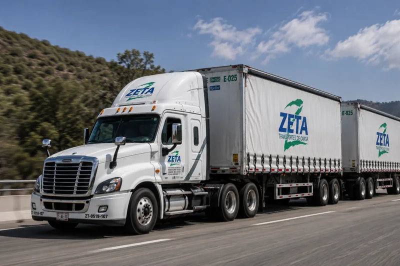 Tractocamión de Zeta Transportes con doble caja encortinada